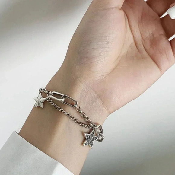 925 Sterling Silver Star Chain Link Bracelet - Picture 3 of 6